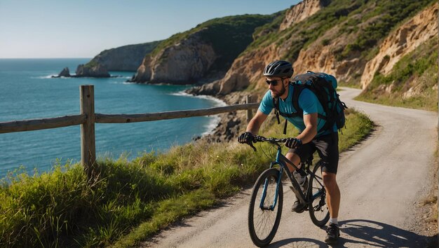 Photo réelle avec thème de voyage pour Coastal Cyclist Concept comme un cycliste avec un sac à dos roulant le long d'une