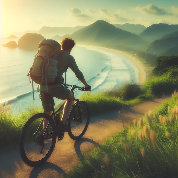 Photo réelle avec thème de voyage pour Coastal Cyclist Concept comme un cycliste avec un sac à dos roulant le long d'une