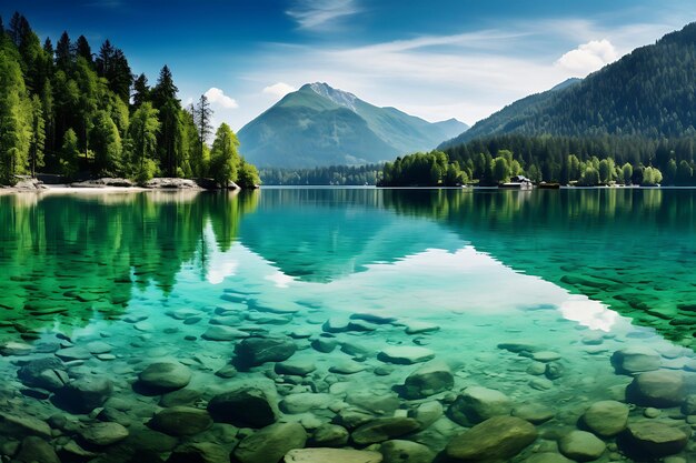 Photo photo de réflexions d'une montagne dans une clarté de cristal