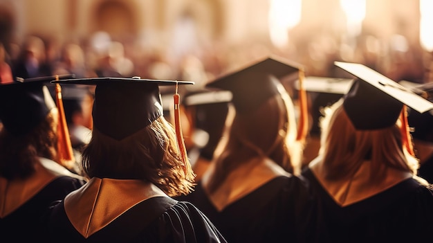 Photo de remise des diplômes Un groupe d'étudiants en casquette de graduation se tient dans une foule