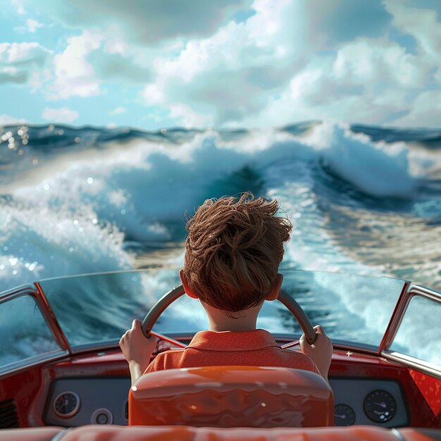Photo photo rendu en 3d de boy enjoy conduisant un bateau au milieu de la mer