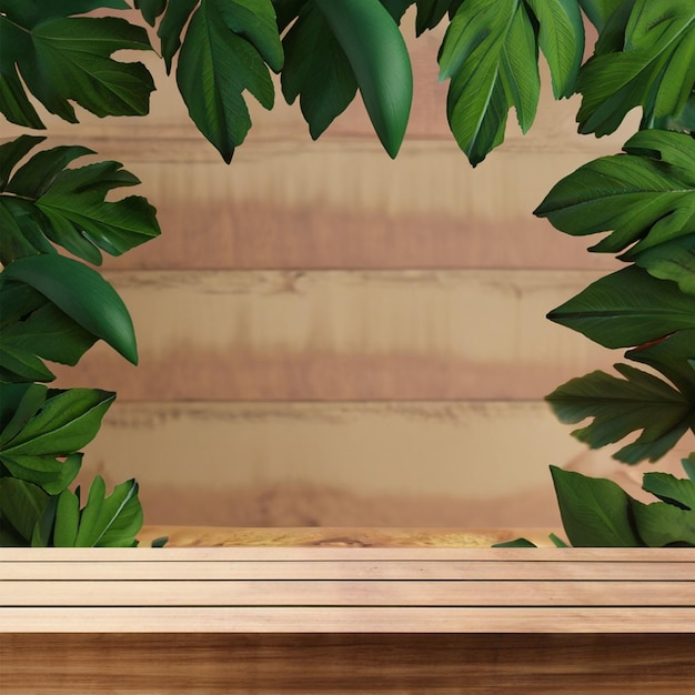 Photo photo rendu 3d de feuilles et fond d'affichage de table en bois