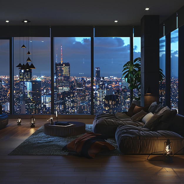 Photo rendue en 3D de 10h d'un appartement surplombant les lumières de la ville la nuit dans le style naturaliste