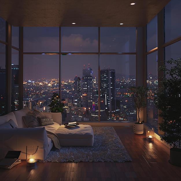 Photo rendue en 3D de 10h d'un appartement surplombant les lumières de la ville la nuit dans le style naturaliste