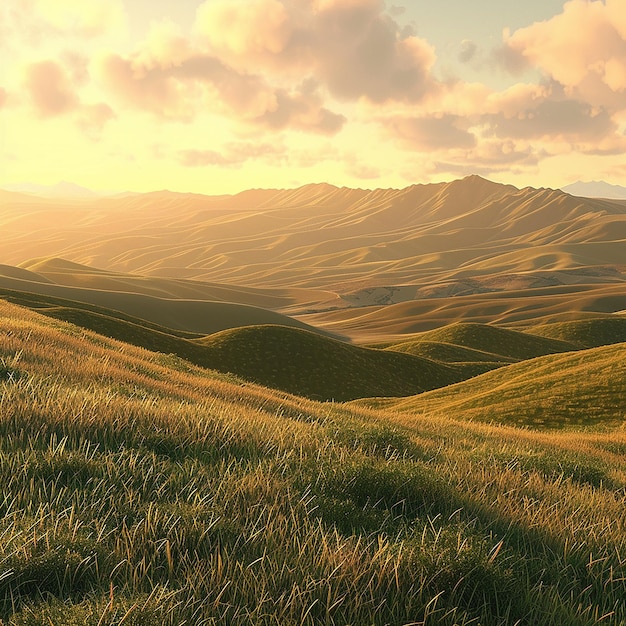 Photo rendue en 3D d'une campagne paisible avec des collines roulantes lumière de l'heure d'or