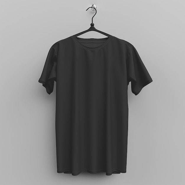 Une photo rendue en 3D d'une chemise noire est accrochée à un cintre avec un fond plat