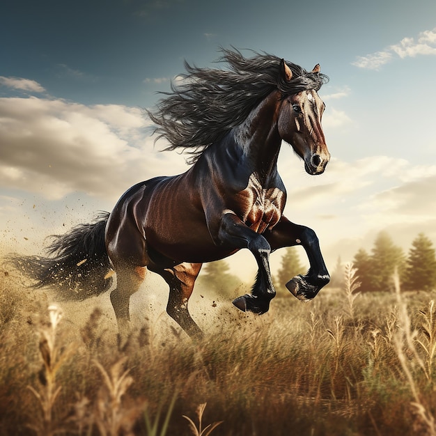 Photo rendue en 3D d'un cheval qui court sur les champs