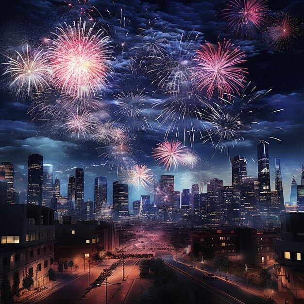 Photo rendue en 3D des feux d'artifice du Nouvel An dans la ville