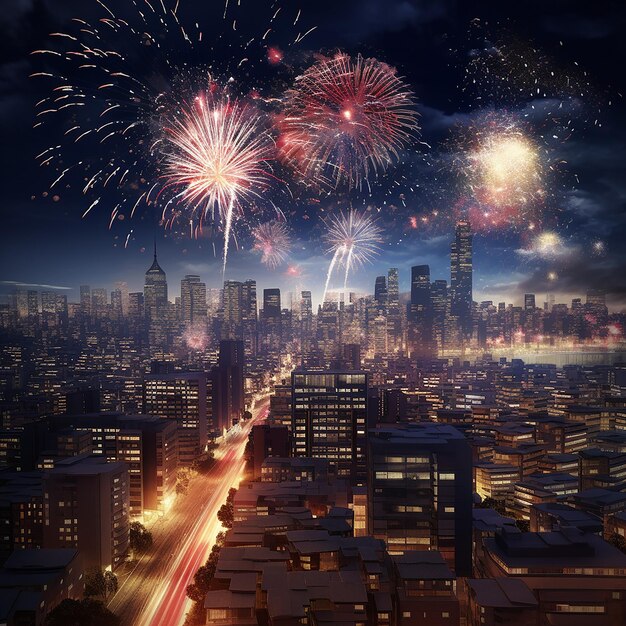 Photo rendue en 3D des feux d'artifice du Nouvel An dans la ville