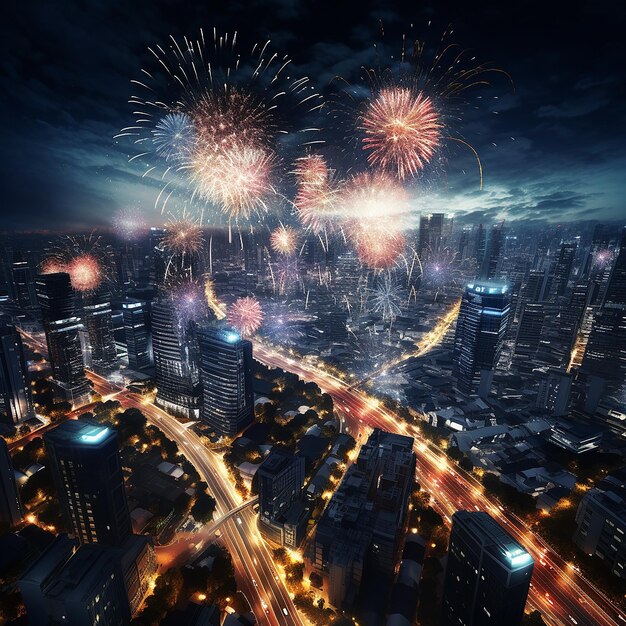 Photo rendue en 3D des feux d'artifice du Nouvel An dans la ville