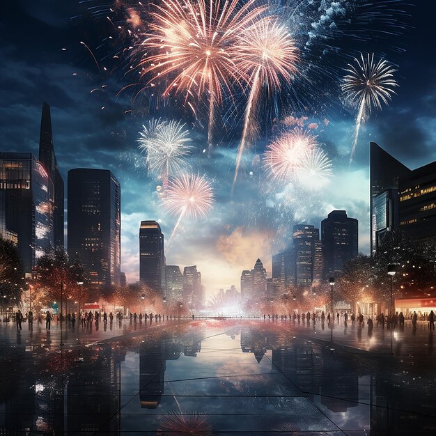 Photo rendue en 3D des feux d'artifice du Nouvel An dans la ville