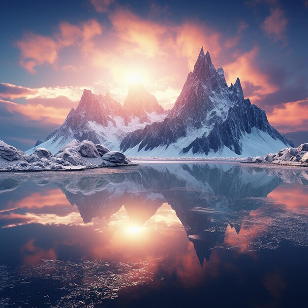 Photo photo rendue en 3d de l'illustration des montagnes fantastiques avec beaucoup de neige et un lac