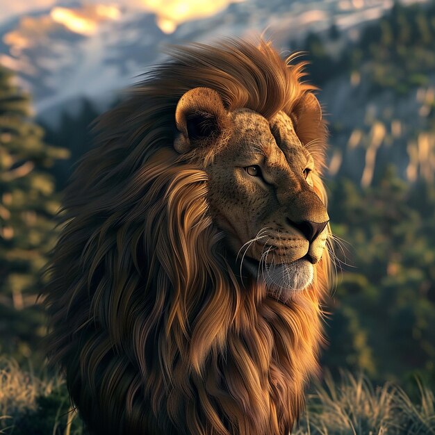 Photo rendue en 3D d'un lion avec un fond naturel