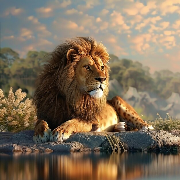 Photo rendue en 3D d'un lion avec un fond naturel