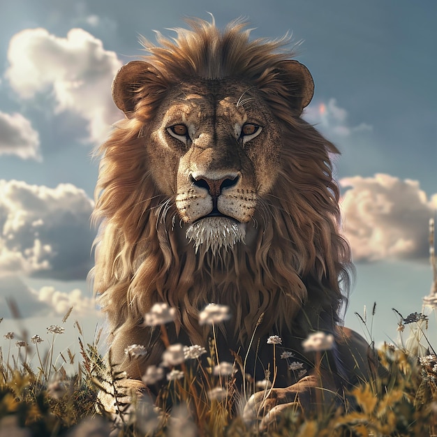 Photo rendue en 3D d'un lion avec un fond naturel