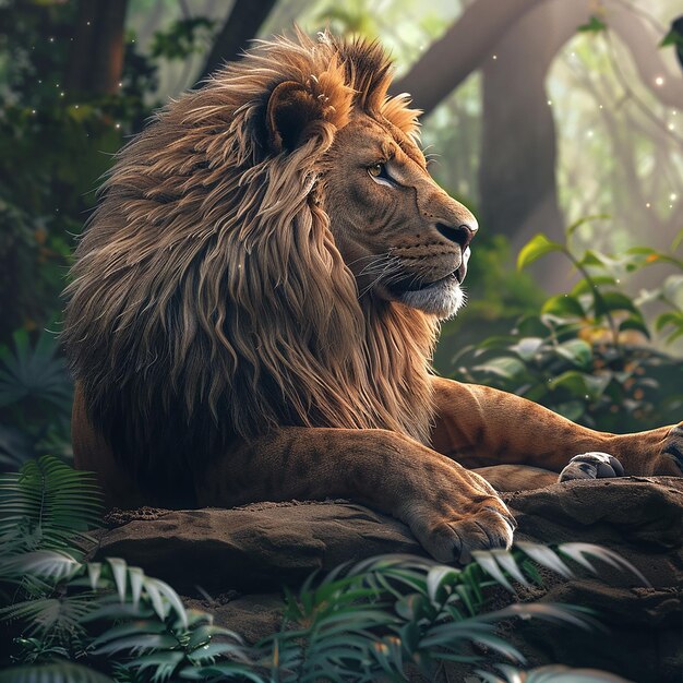 Photo rendue en 3D d'un lion avec un fond naturel