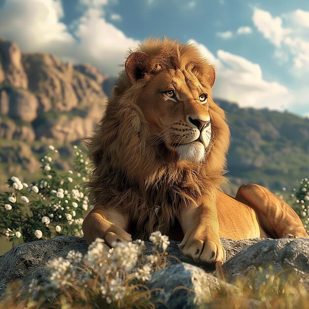 Photo rendue en 3D d'un lion avec un fond naturel