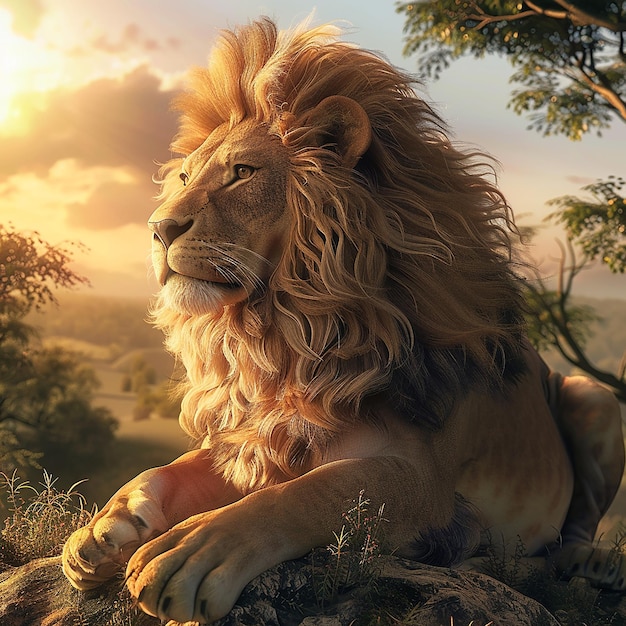 Photo rendue en 3D d'un lion avec un fond naturel