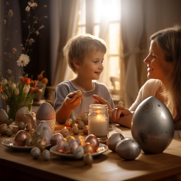 Photo photo rendue en 3d de la mère et des enfants à la table de pâques focus sélectif fêtes