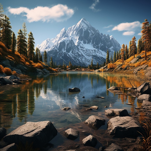Photo rendue en 3D d'une peinture d'un lac de montagne avec une montagne