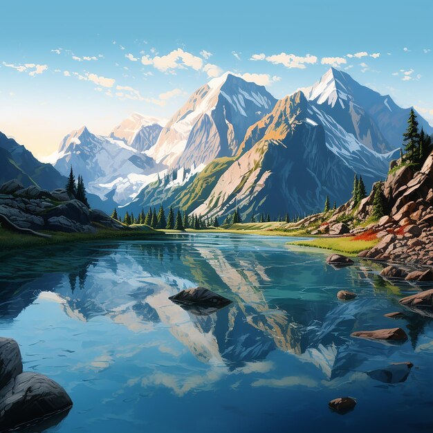 Photo rendue en 3D d'une peinture d'un lac de montagne avec une montagne