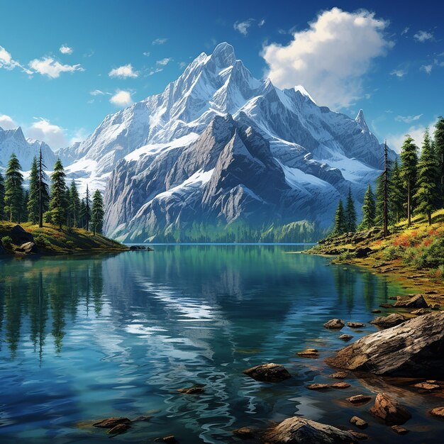 Photo rendue en 3D d'une peinture d'un lac de montagne avec une montagne