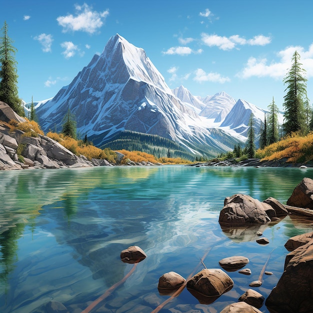 Photo rendue en 3D d'une peinture d'un lac de montagne avec une montagne