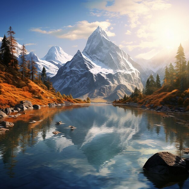 Photo rendue en 3D d'une peinture d'un lac de montagne avec une montagne