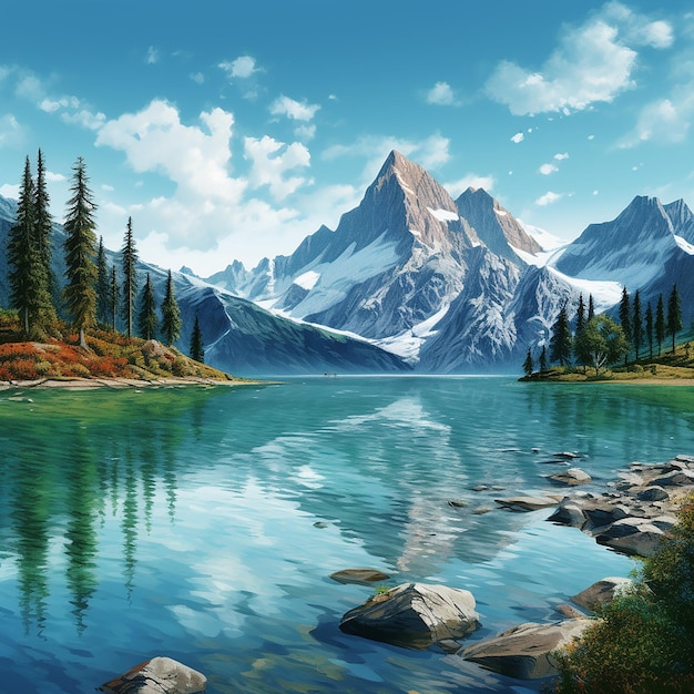 Photo rendue en 3D d'une peinture d'un lac de montagne avec une montagne