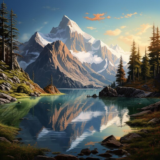 Photo rendue en 3D d'une peinture d'un lac de montagne avec une montagne