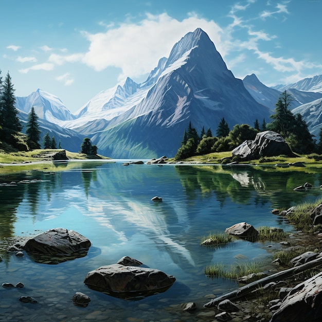 Photo rendue en 3D d'une peinture d'un lac de montagne avec une montagne