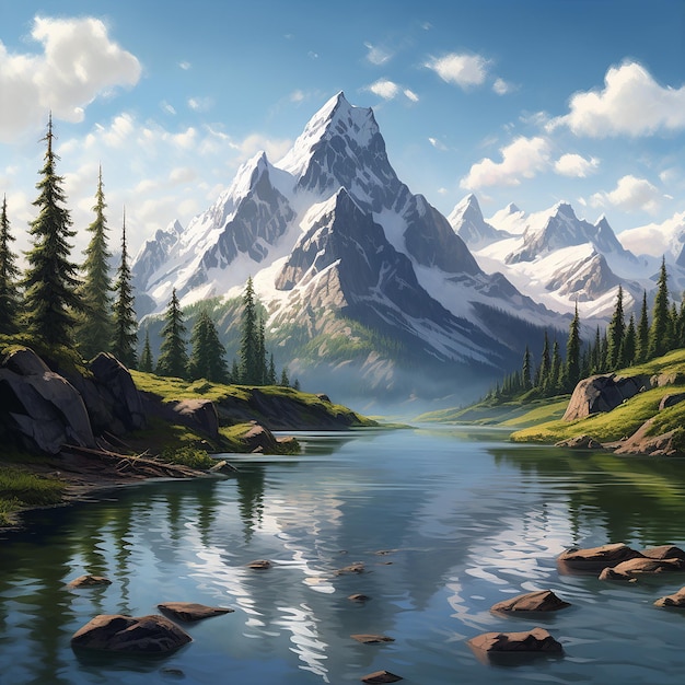 Photo rendue en 3D d'une peinture d'un lac de montagne avec une montagne