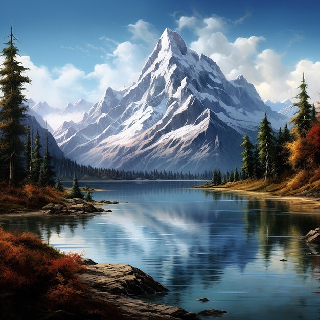 Photo rendue en 3D d'une peinture d'un lac de montagne avec une montagne