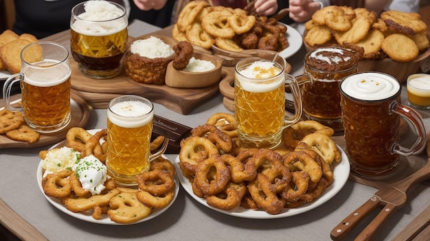 Photo photo d'un repas traditionnel de l'oktoberfest avec des bretzels, du jarret de porc fumé à la bière et de l'eisbein