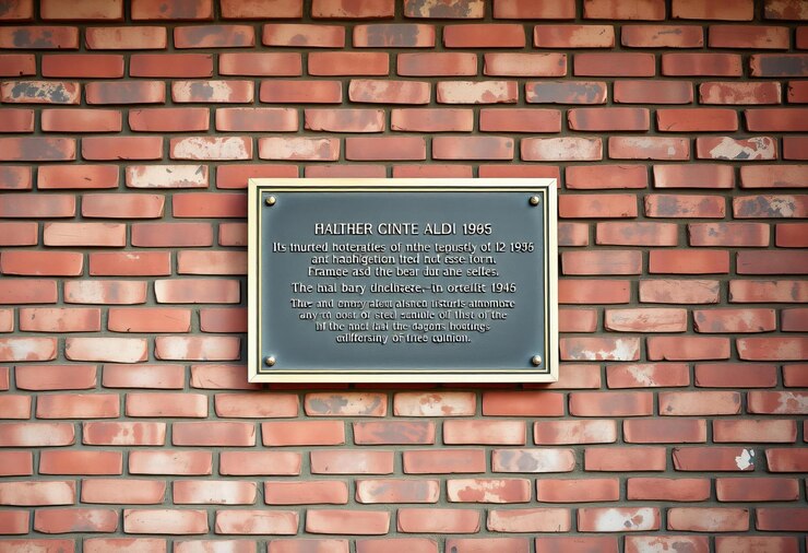 Photo photo représentant un vieux mur de briques avec une plaque historique