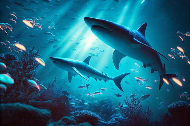 Une photo de requins et de poissons dans l'océan