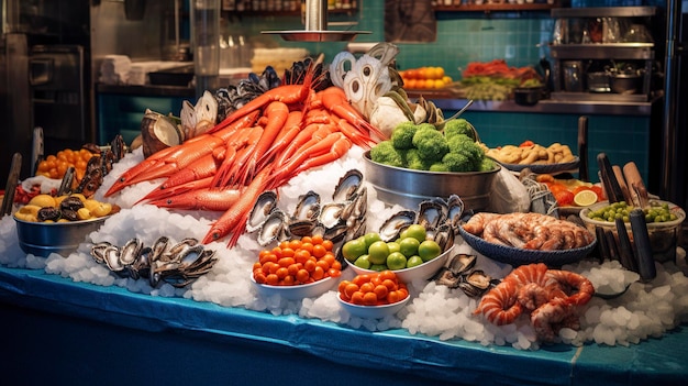 Une photo d'un restaurant de fruits de mer frais avec du poisson et des crustacés