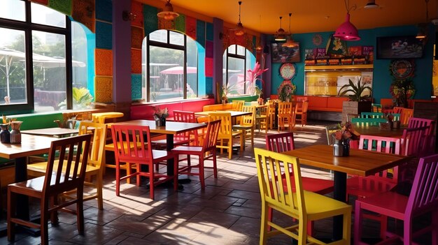 Une photo d'un restaurant mexicain moderne avec une décoration colorée