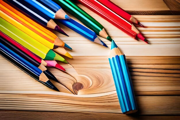 Photo photo retour à l'école concept crayon de couleur et fournitures scolaires colorées sur table en bois