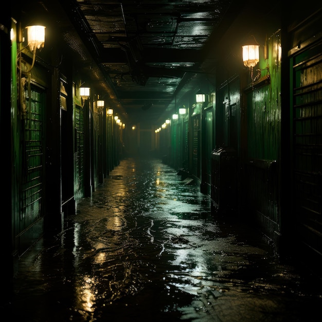 Une photo rétroéclairée d'un couloir sombre un jour de pluie