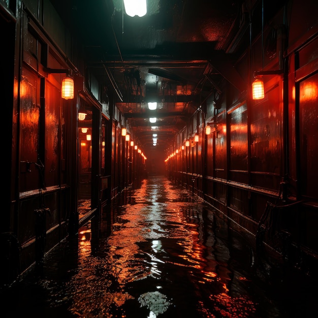 Une photo rétroéclairée d'un couloir sombre un jour de pluie