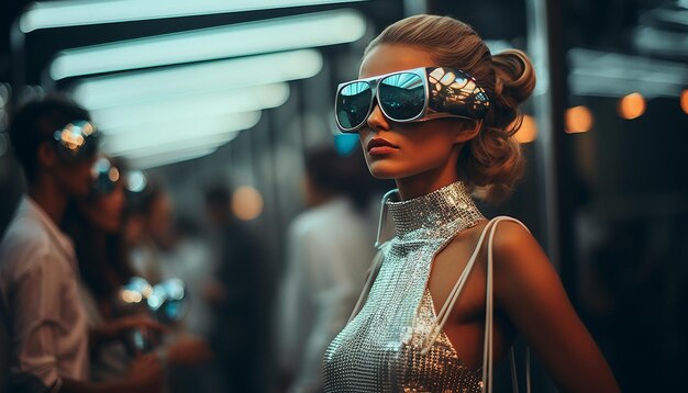 Photo une photo rétrofuturiste d'une fête à la mode futuriste