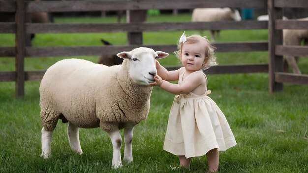 Une photo de rêve d'une adorable fille caucasienne caressant un mouton dans une ferme.