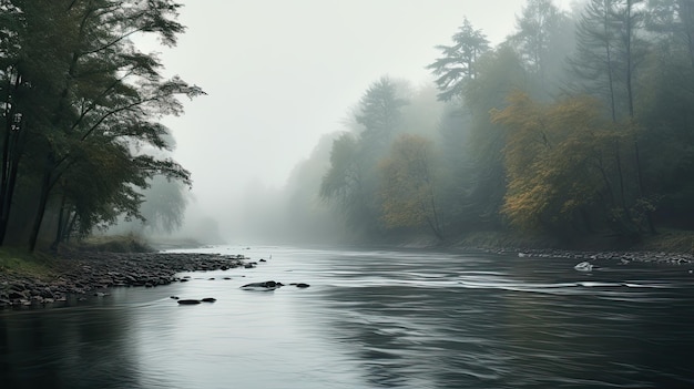 Une photo d'une rivière brumeuse avec un éclairage brumeux gris réduit