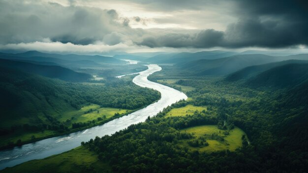 Une photo d'une rivière d'en haut avec des eaux sinueuses et des rives luxuriantes