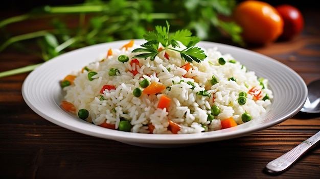 Photo de riz aux légumes sains et savoureux et d'assiettes de riz frit sur la table