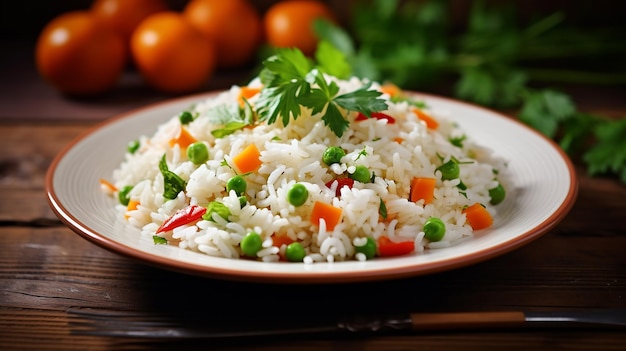 Photo de riz aux légumes sains et savoureux et d'assiettes de riz frit sur la table