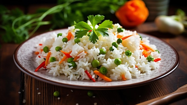 Photo de riz aux légumes sains et savoureux et d'assiettes de riz frit sur la table