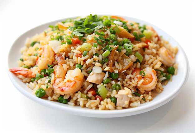 Photo de riz blanc, de légumes, de riz frit, de riz avec du curry sur un fond blanc isolé