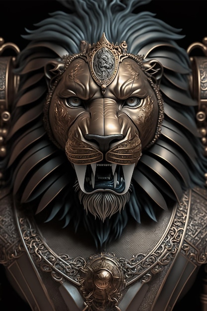 Photo roi lion chevalier portant une armure d'or isolé sur noir AI généré